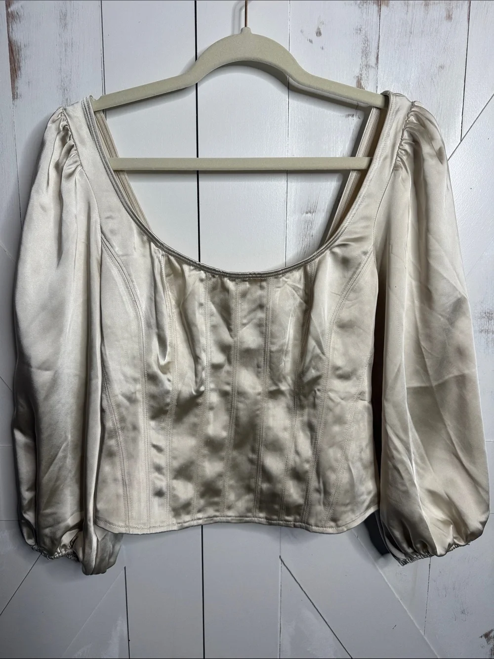 Free People Cream Deep Scoop-Neck Corset Style Puff Sleeve Top